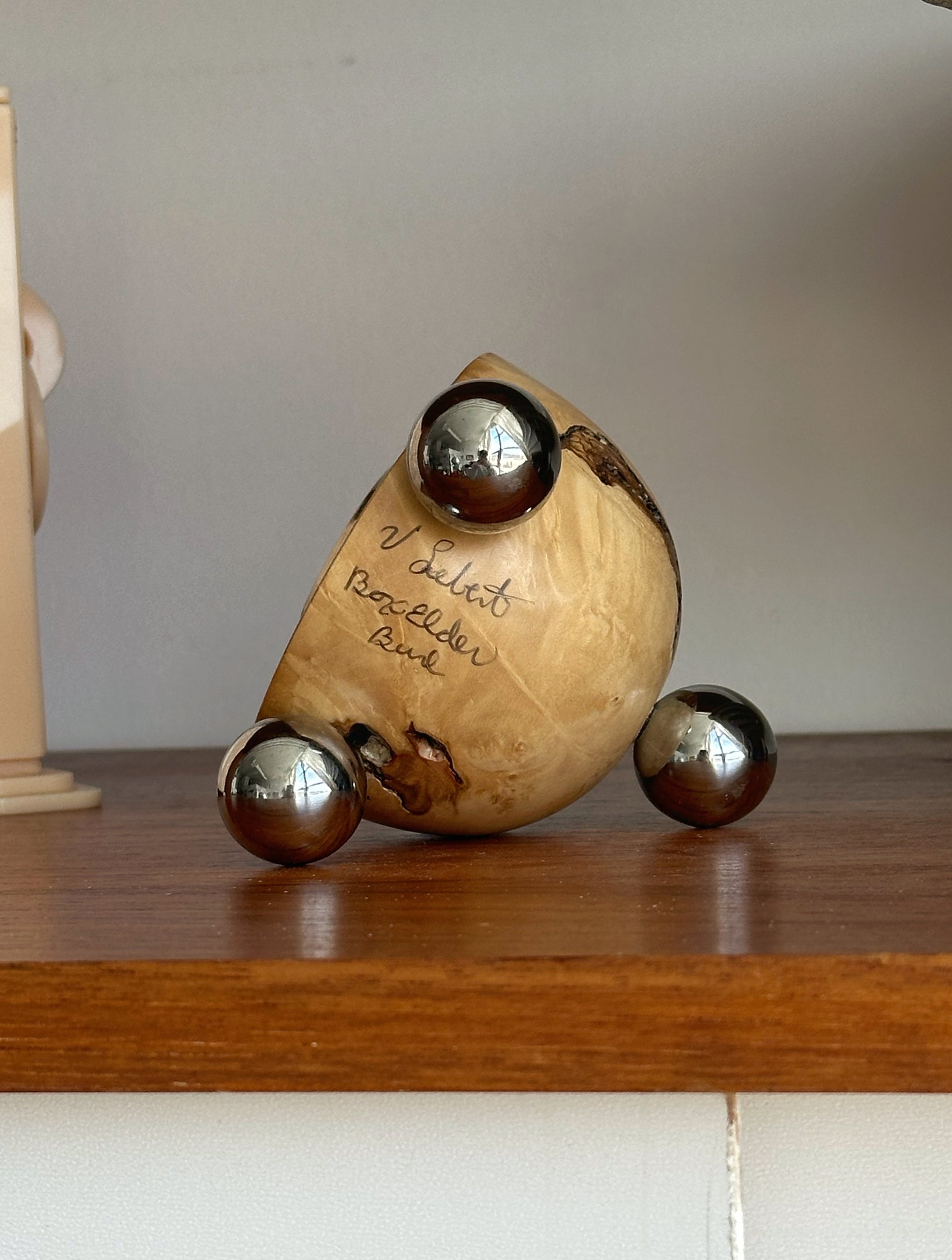 Hand Carved in Box Elder Table Clock with Chrome Feet by V. Siebert