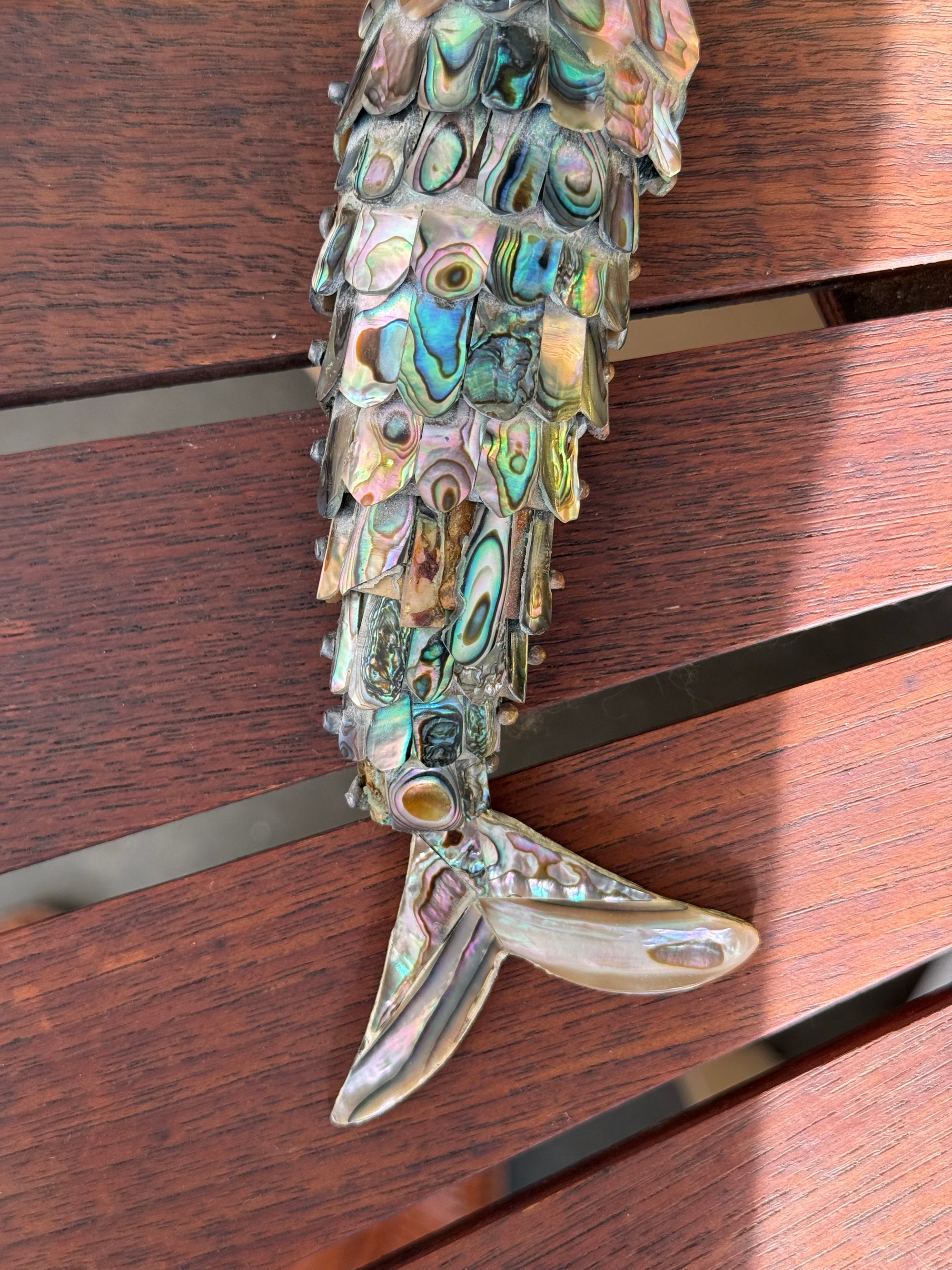 Articulated Fish Bottle Opener with Abalone Mother of Pearl Inlay c.1970