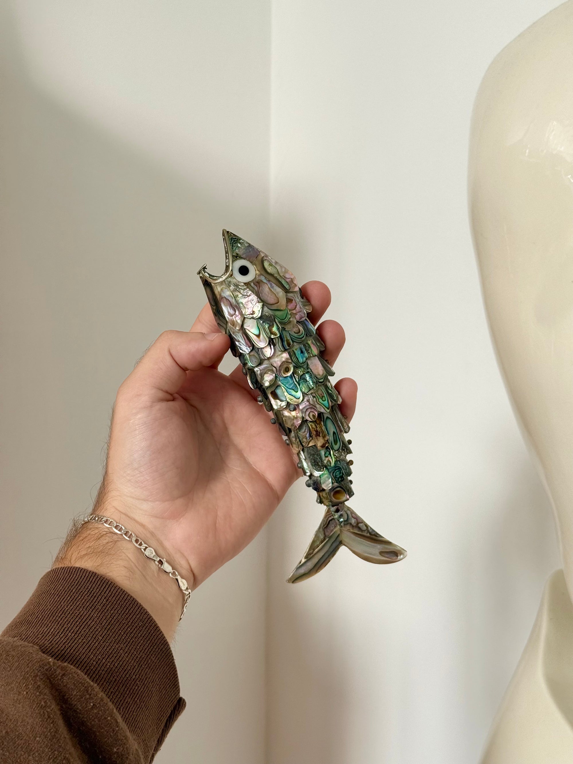 Articulated Fish Bottle Opener with Abalone Mother of Pearl Inlay c.1970