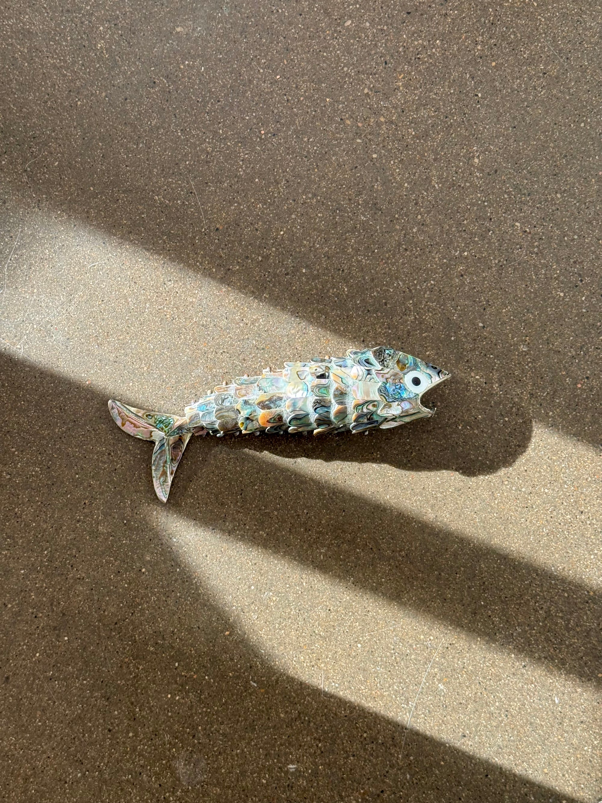 Articulated Fish Bottle Opener with Abalone Mother of Pearl Inlay c.1970