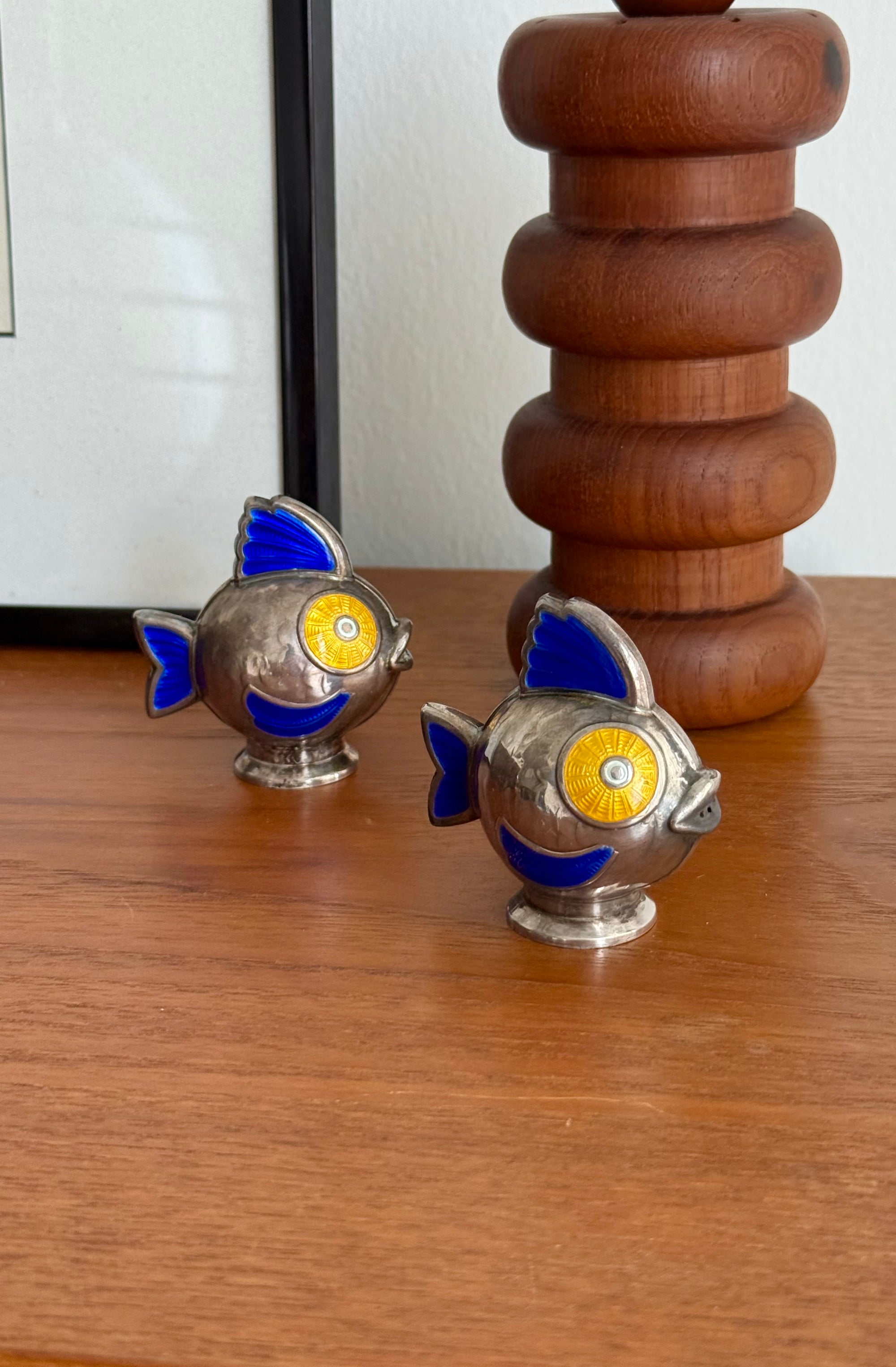 Sterling Silver Enamelled Fish Salt and Pepper Set by Meka Denmark c.1960