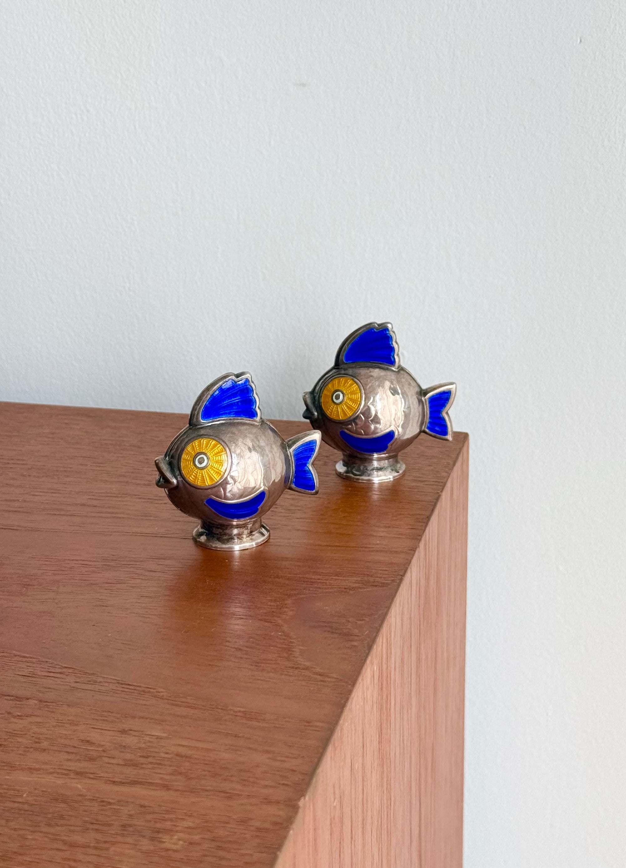Sterling Silver Enamelled Fish Salt and Pepper Set by Meka Denmark c.1960