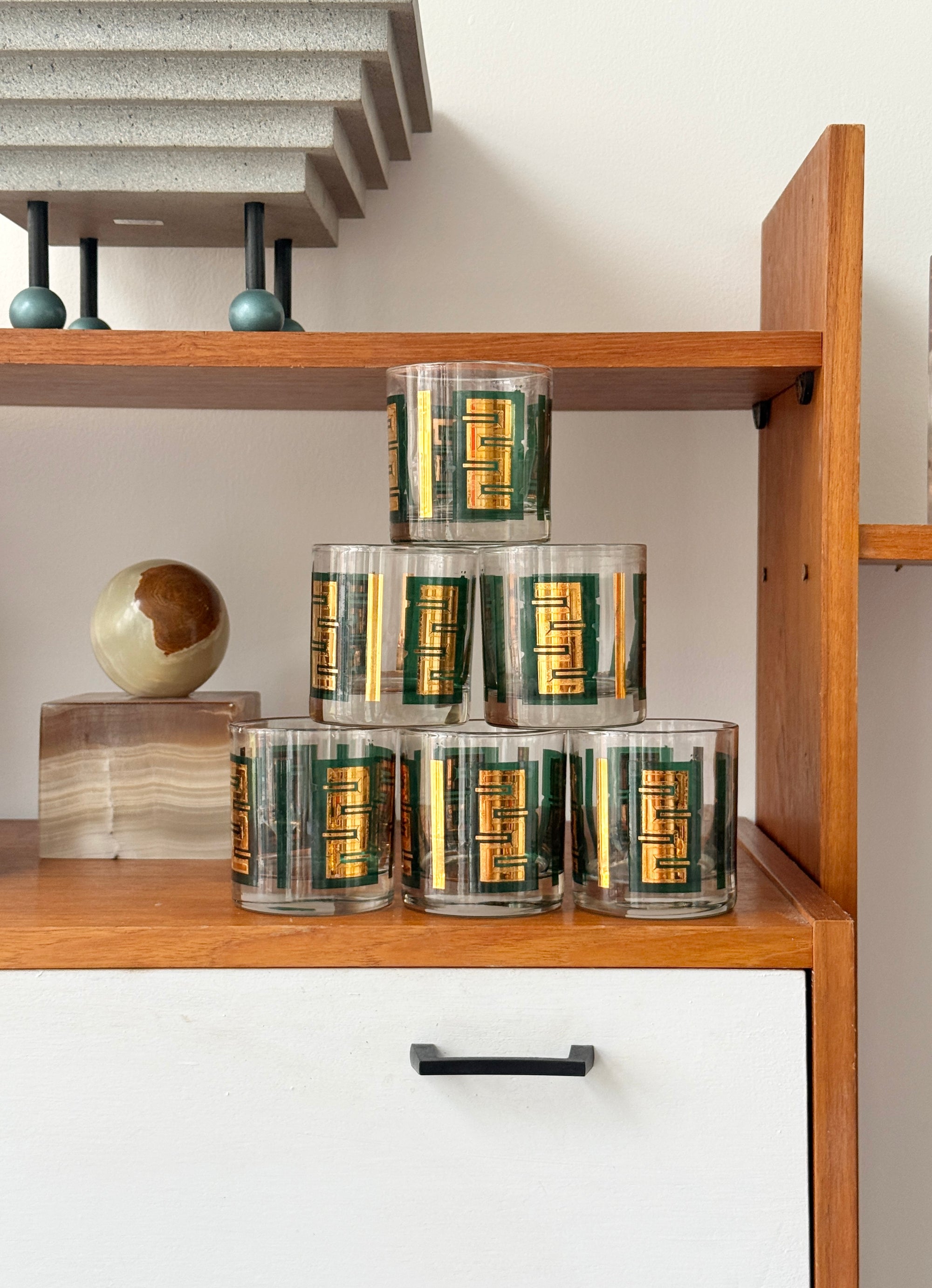 Emerald Green Gold Foil Rocks Glass Set c.1960