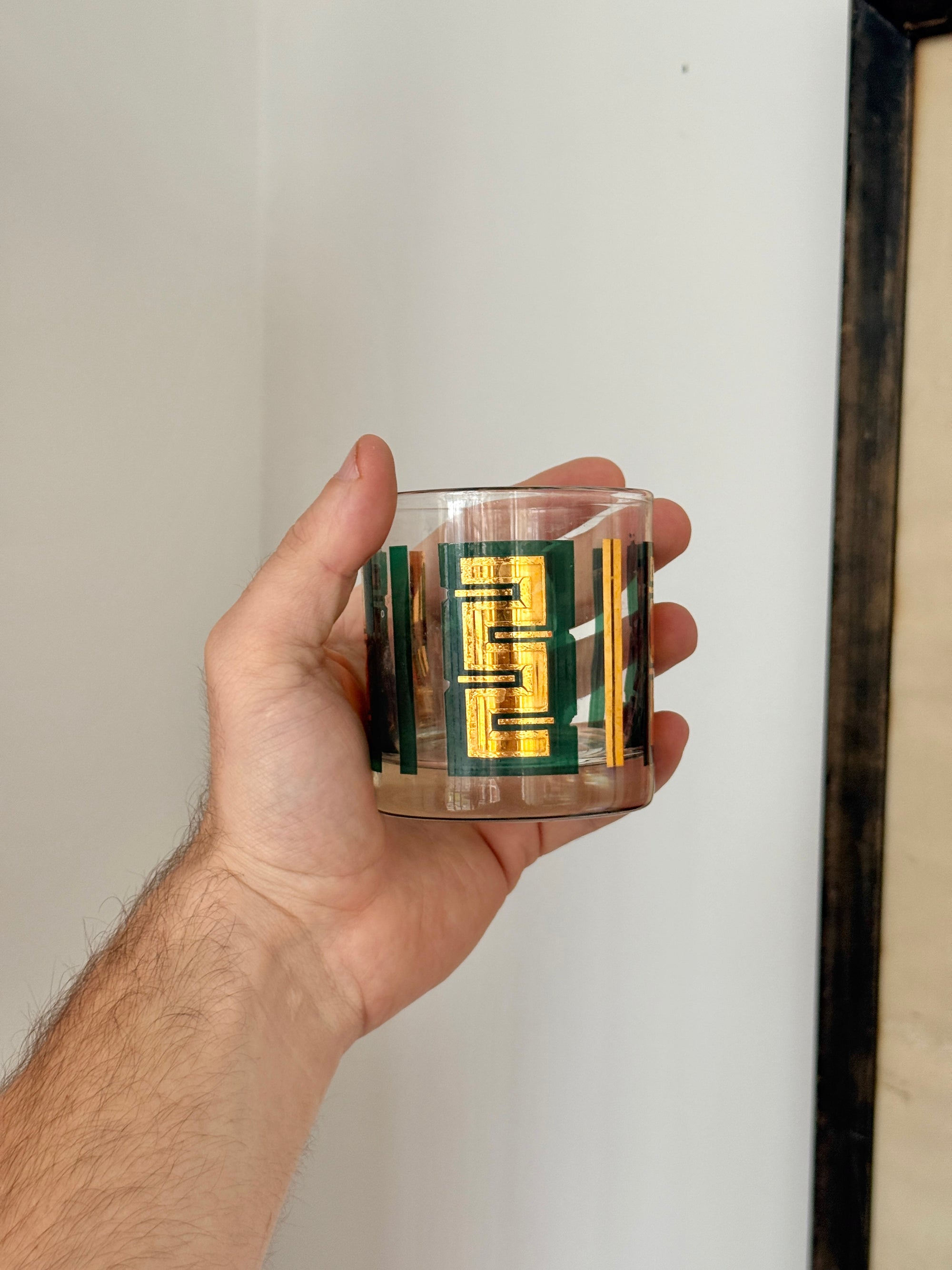 Emerald Green Gold Foil Rocks Glass Set c.1960