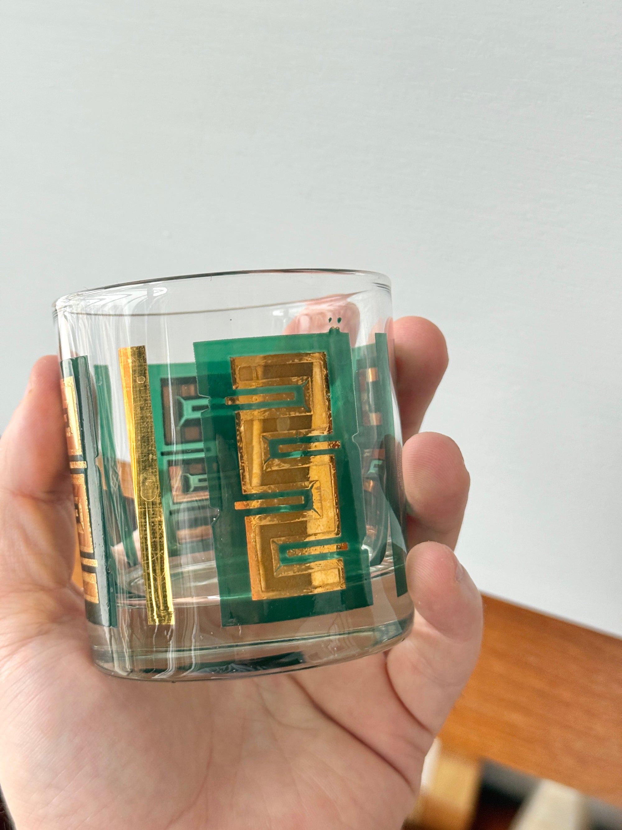 Emerald Green Gold Foil Rocks Glass Set c.1960