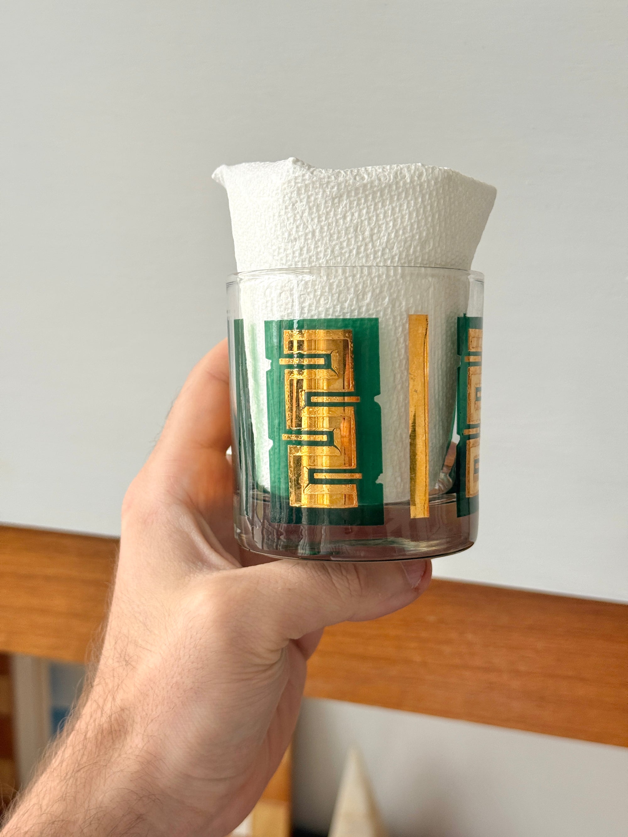 Emerald Green Gold Foil Rocks Glass Set c.1960