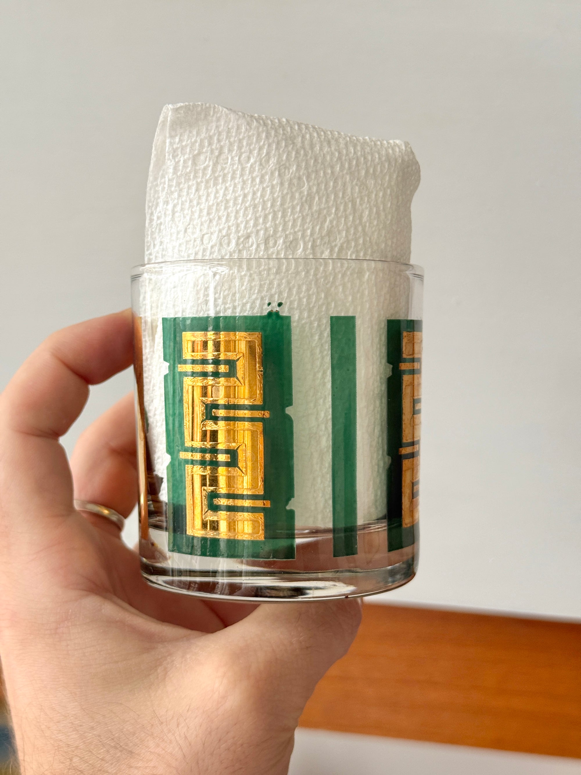 Emerald Green Gold Foil Rocks Glass Set c.1960
