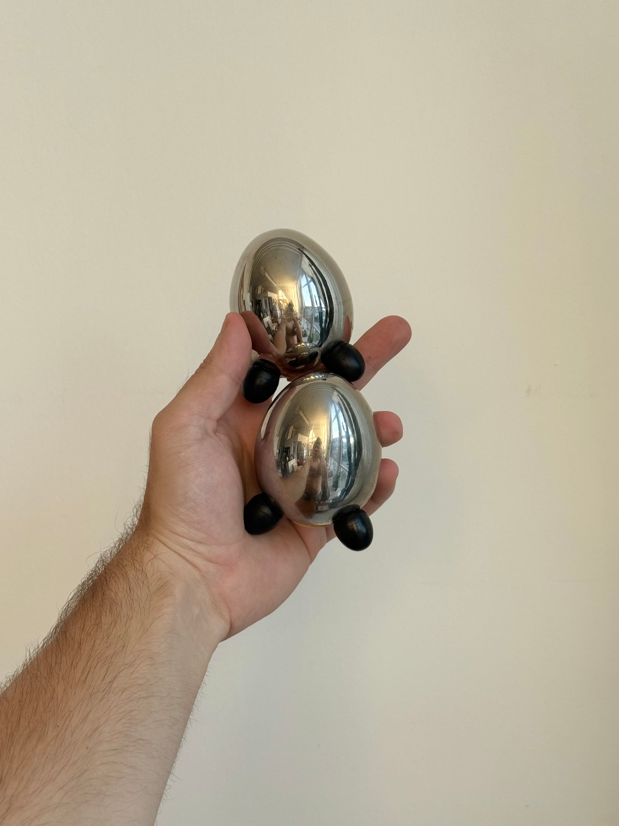Footed Stainless Steel Egg Shaped Salt and Pepper Shakers c.1980