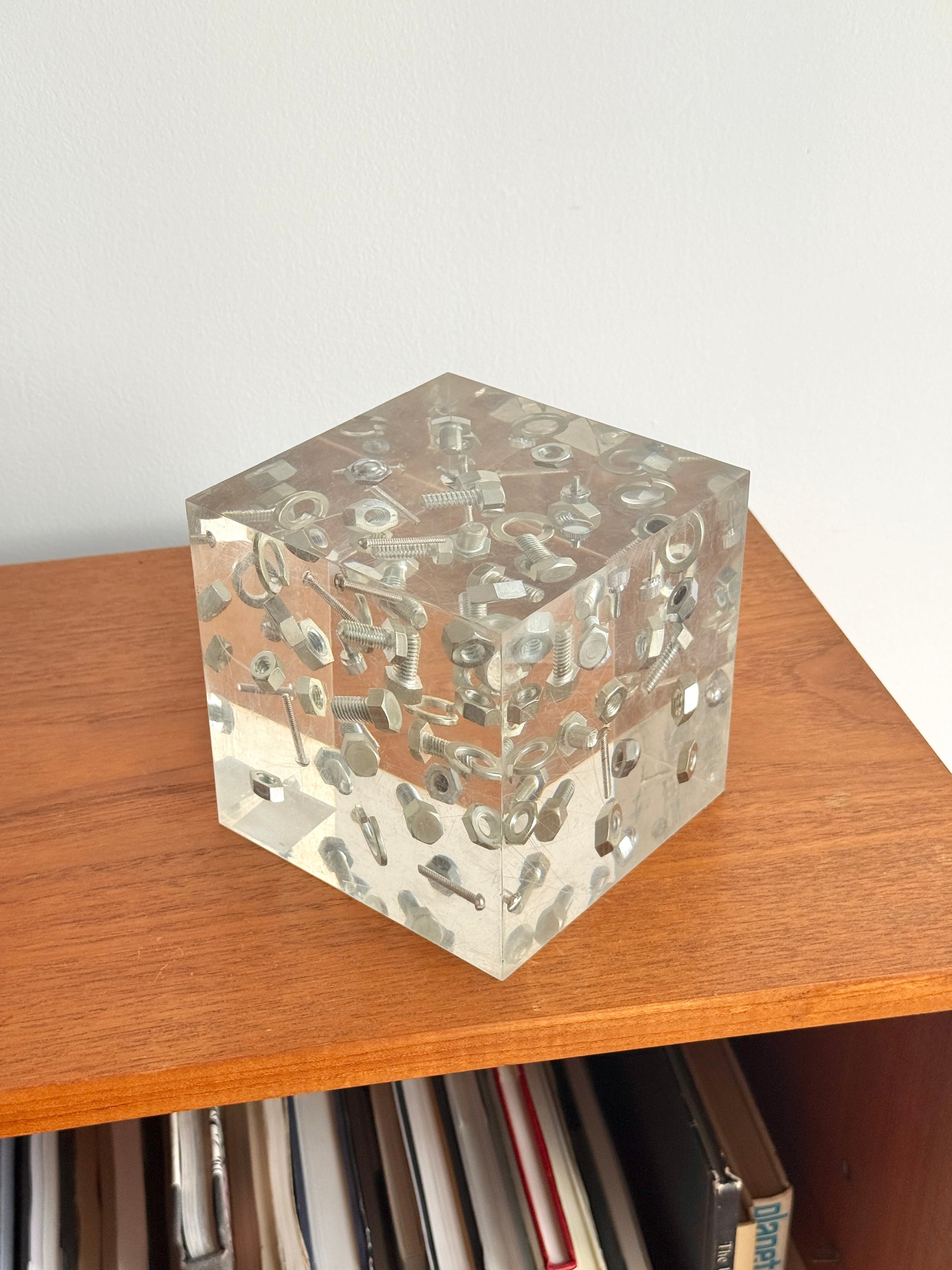 Lucite Encased Hardware Cube c.1970