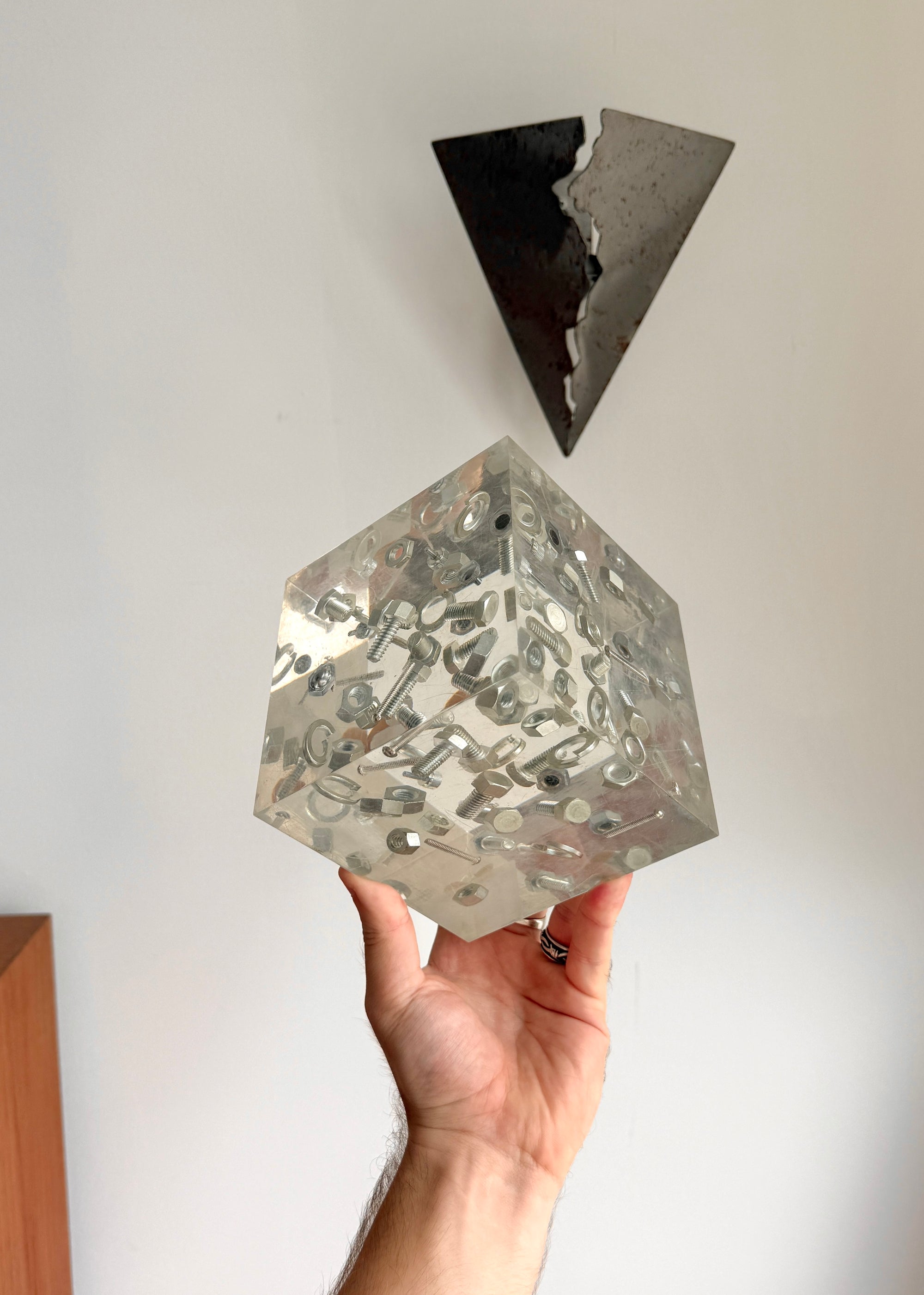 Lucite Encased Hardware Cube c.1970