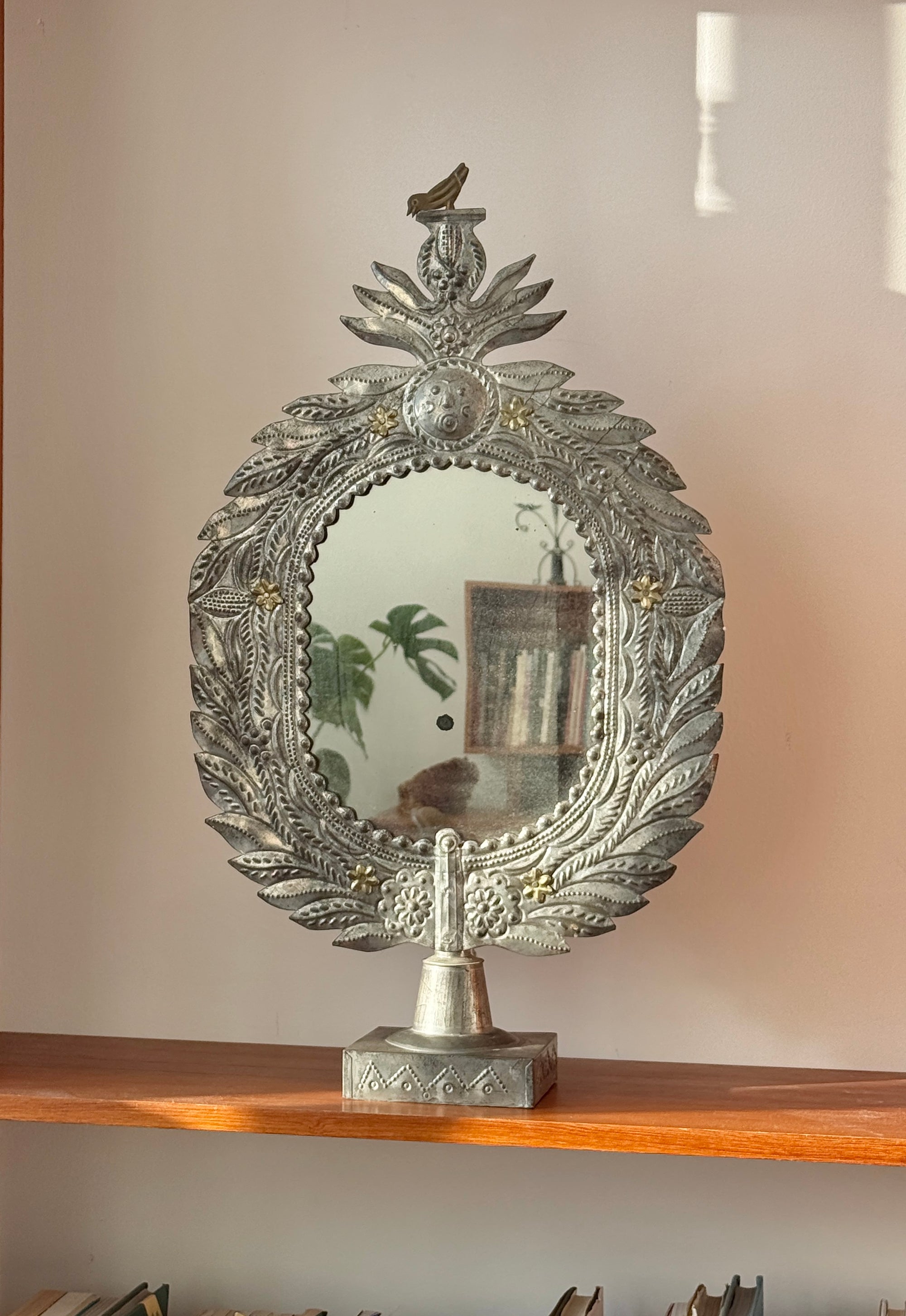 Punched Tin Pedestal Mirror made in Mexico c.1970