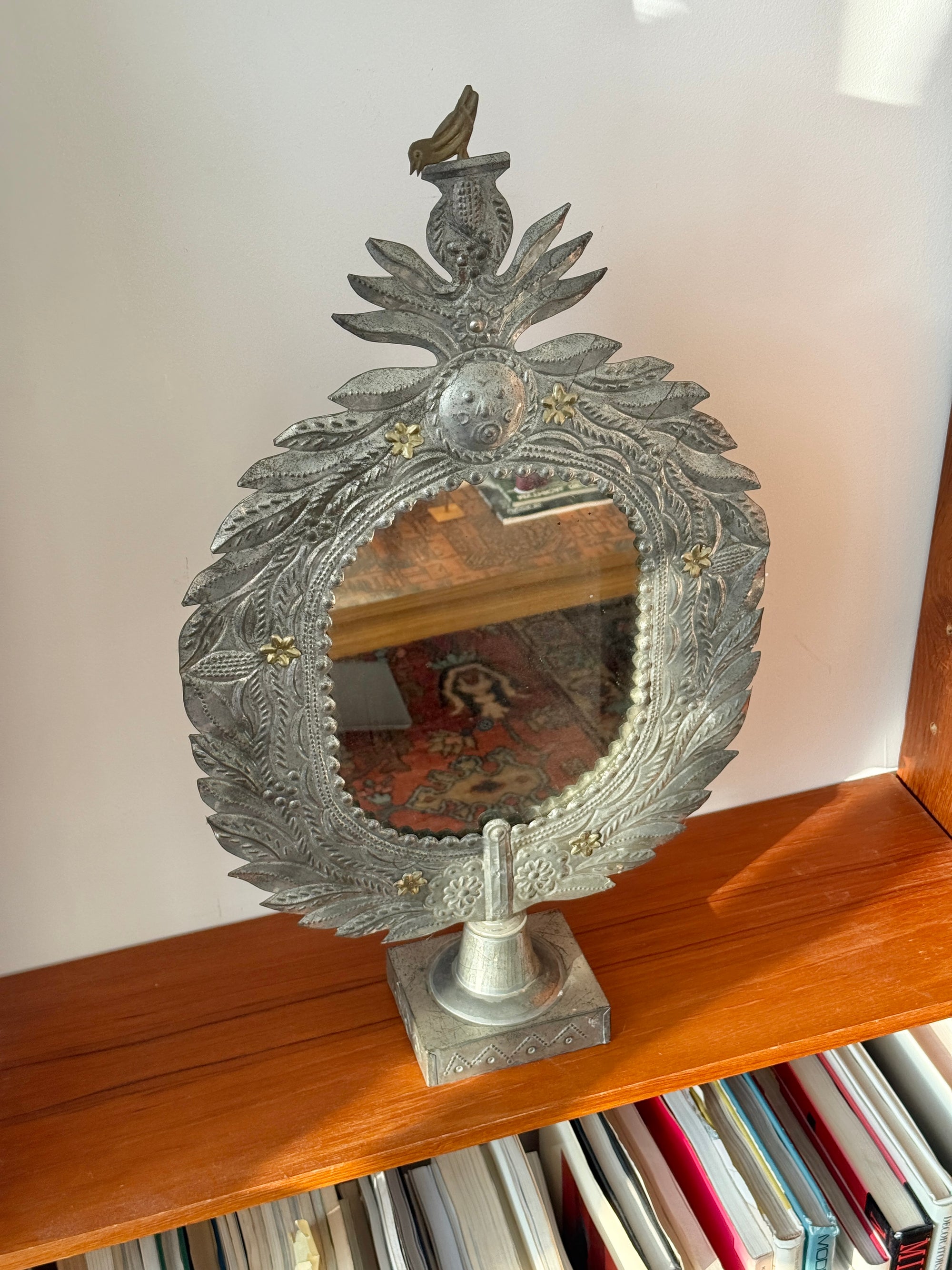 Punched Tin Pedestal Mirror made in Mexico c.1970