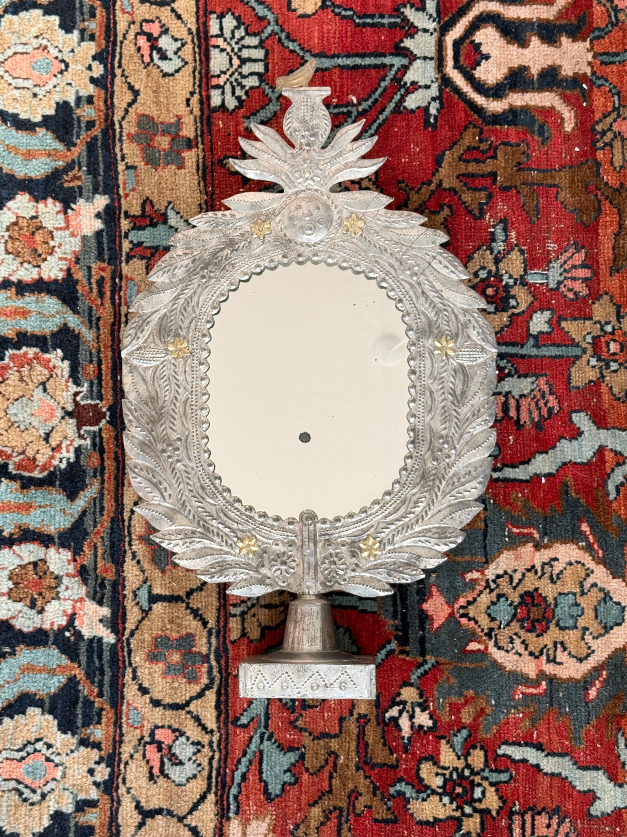 Punched Tin Pedestal Mirror made in Mexico c.1970