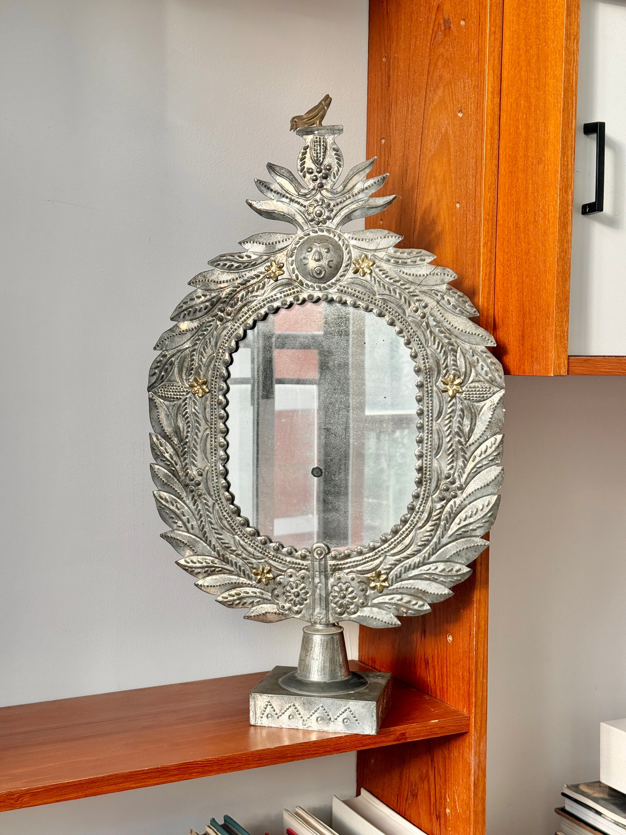 Punched Tin Pedestal Mirror made in Mexico c.1970