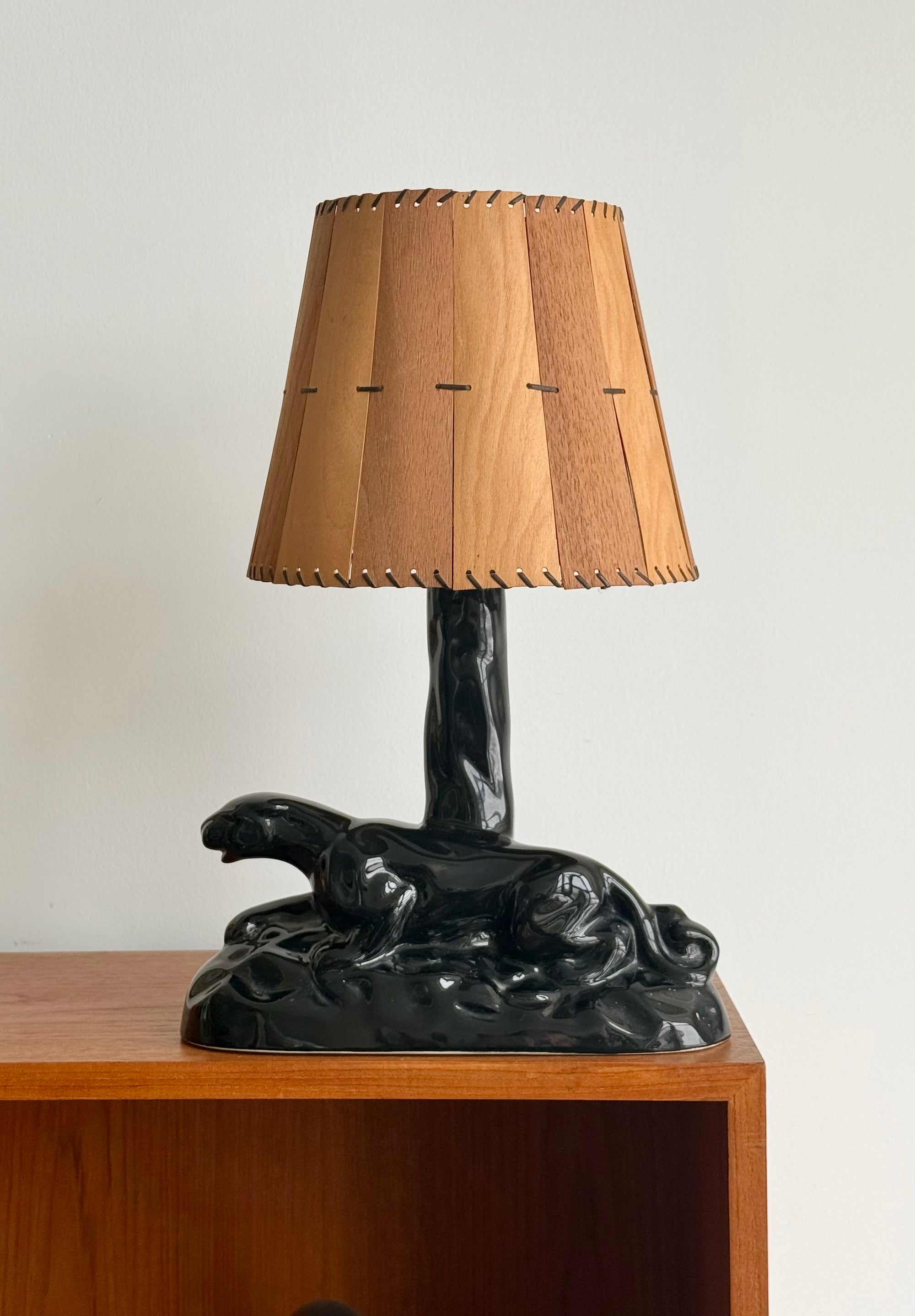 Ceramic Panther Lamp with Cedar Shade c.1978
