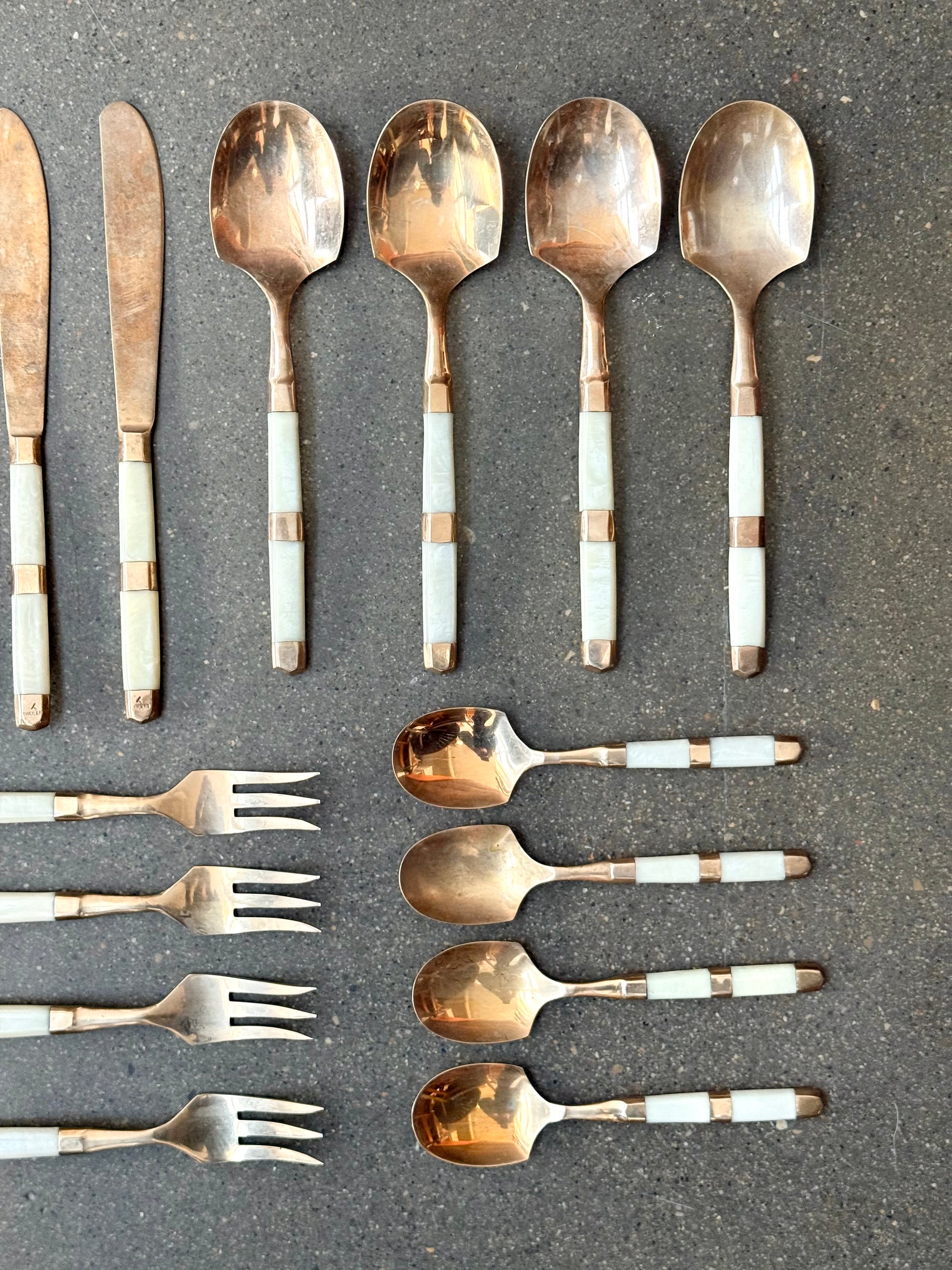 Solid Brass and Mother of Pearl Flatware Set made in Thailand c.1965