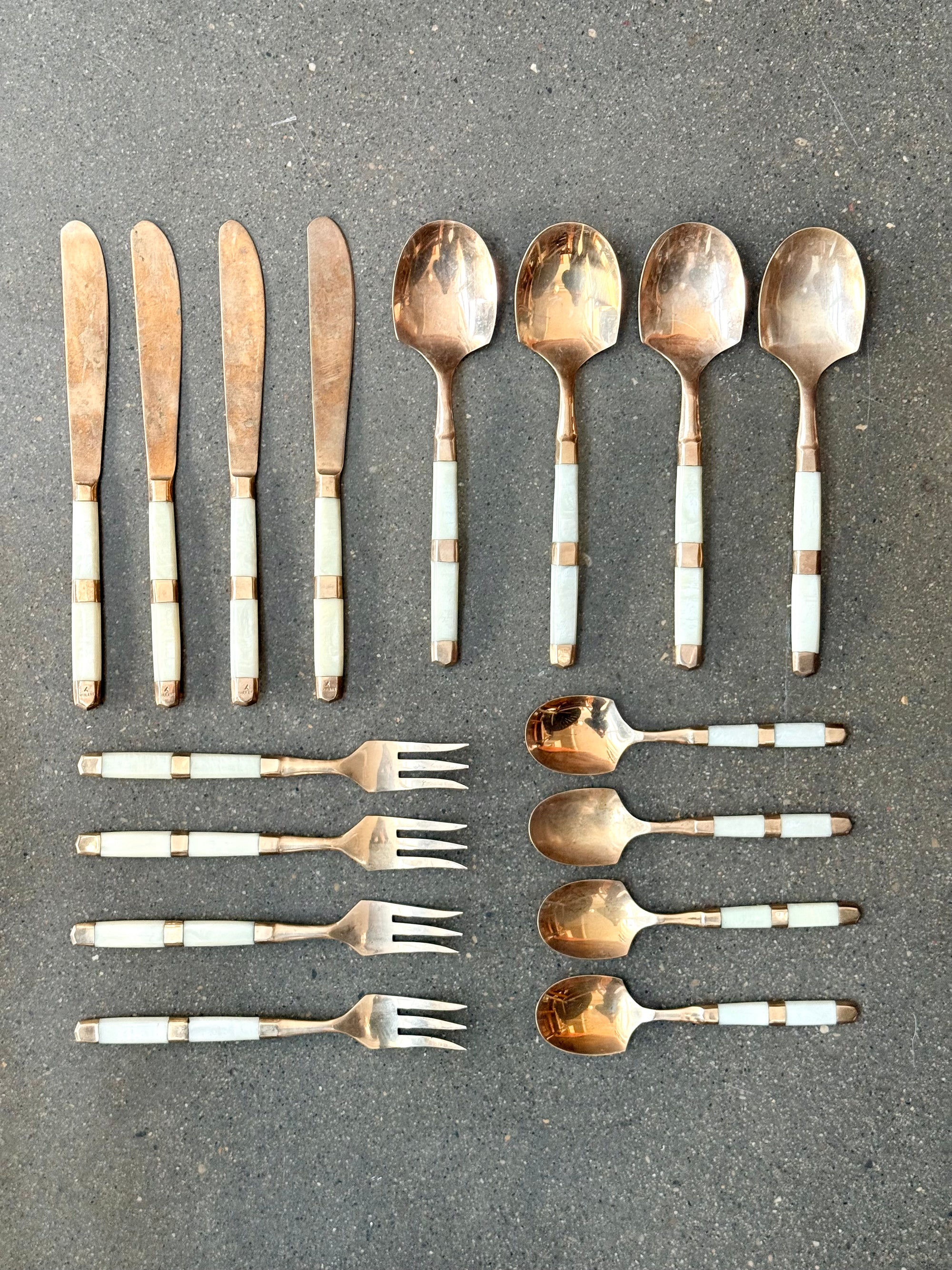 Solid Brass and Mother of Pearl Flatware Set made in Thailand c.1965