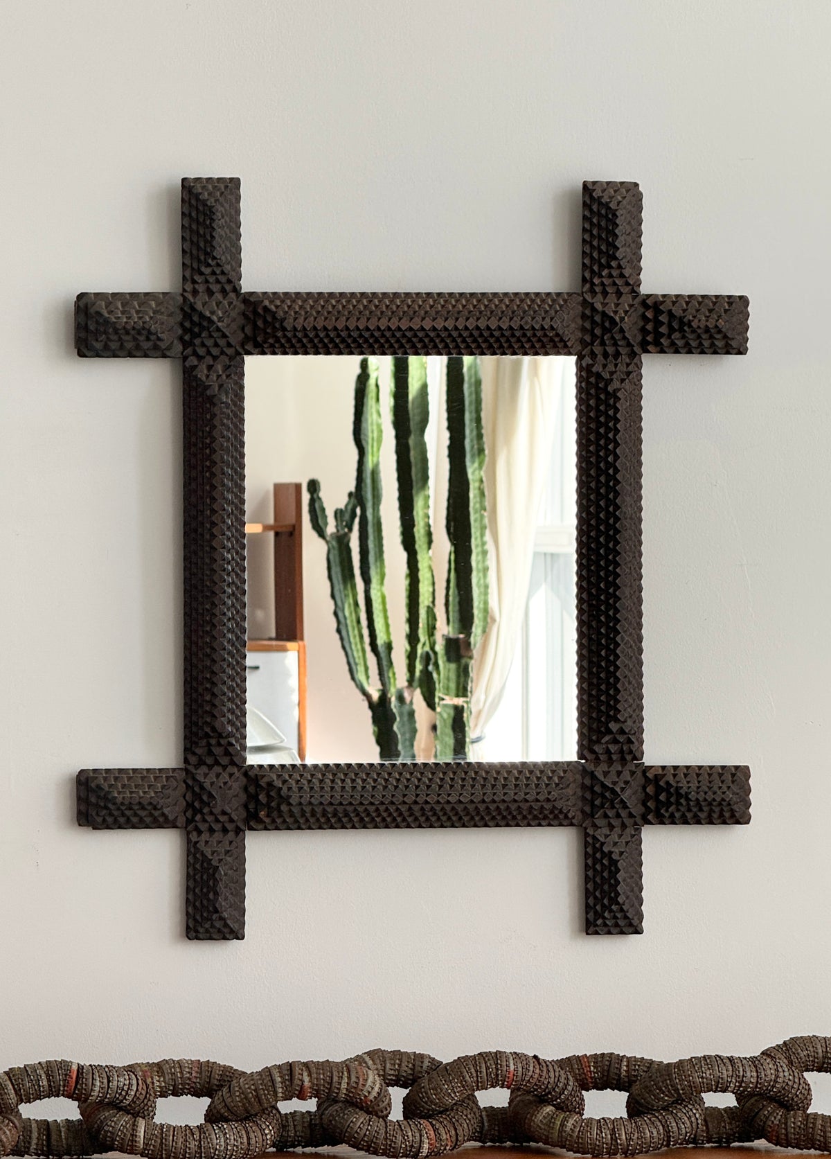 Tramp Art Cigar Box Framed Mirror c.1900
