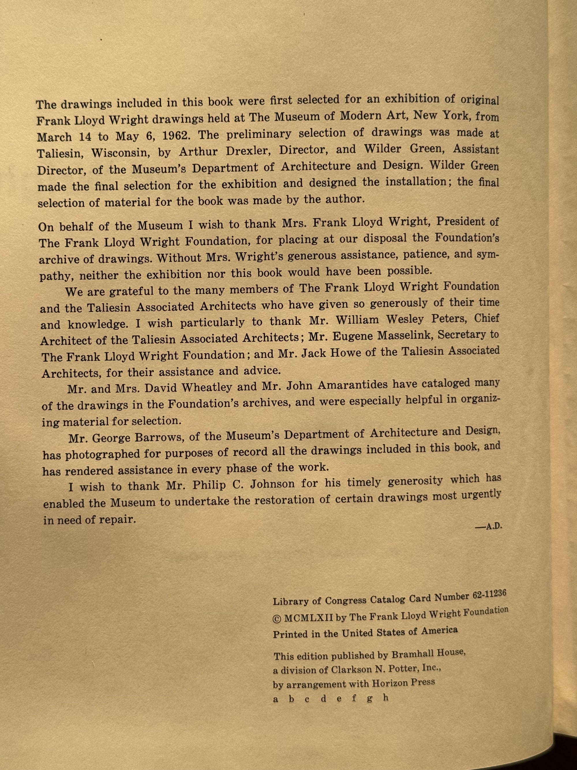 First Edition The Drawings of Frank Lloyd Wright by Arthur Drexler c.1962