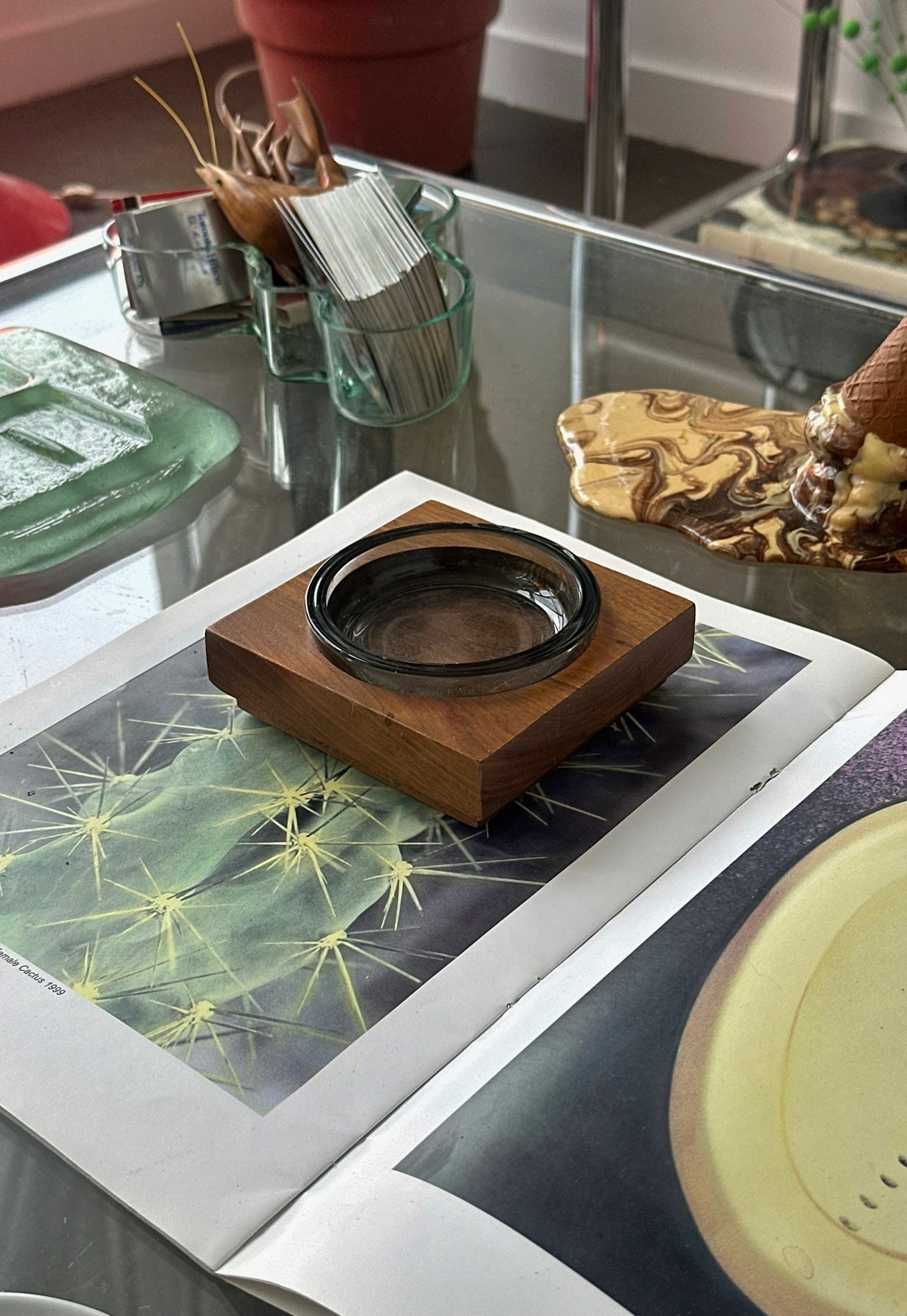 Wood & Smoked Glass Ashtray c. 1970