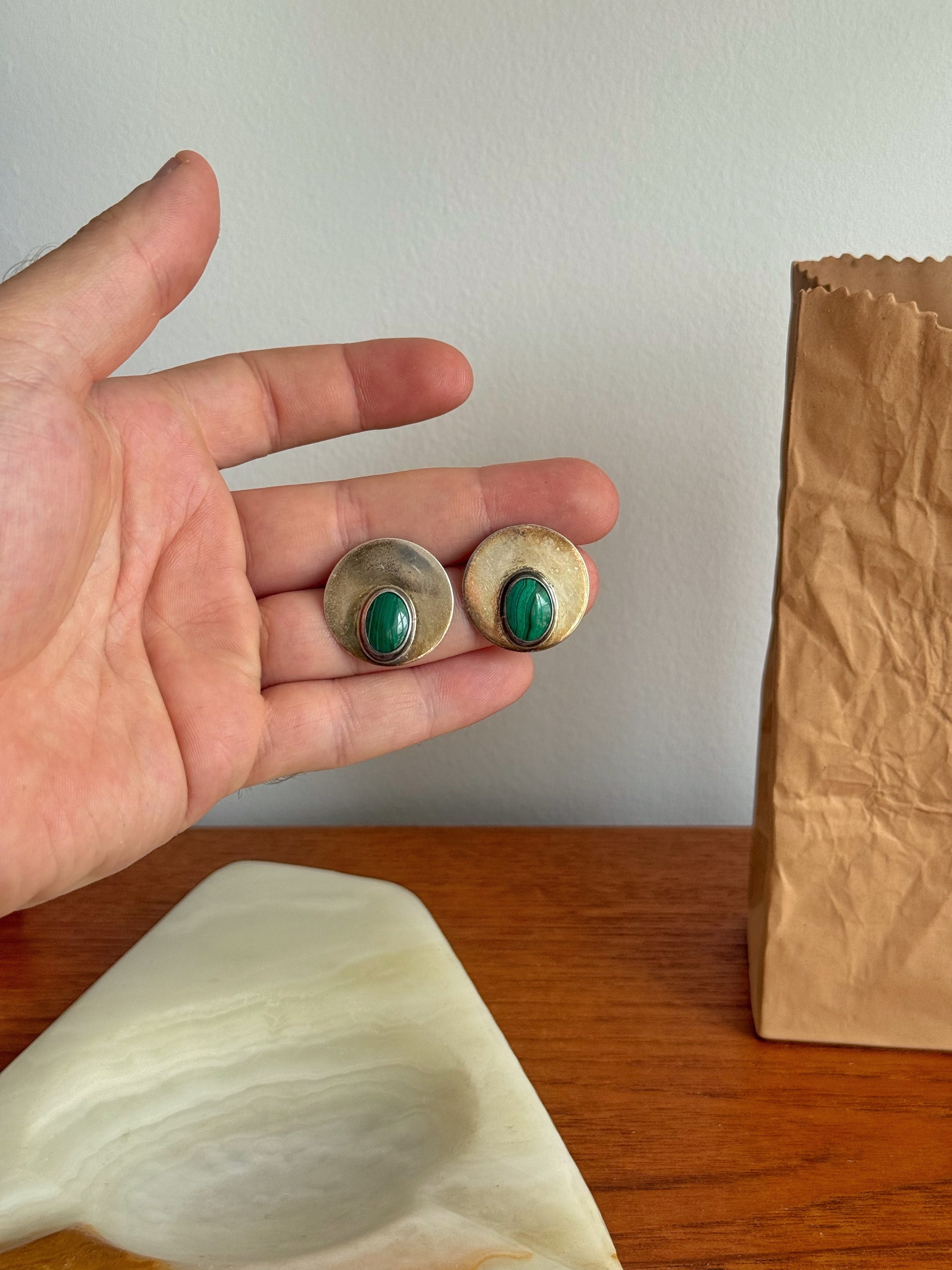 Sterling and Malachite Taxco Earrings