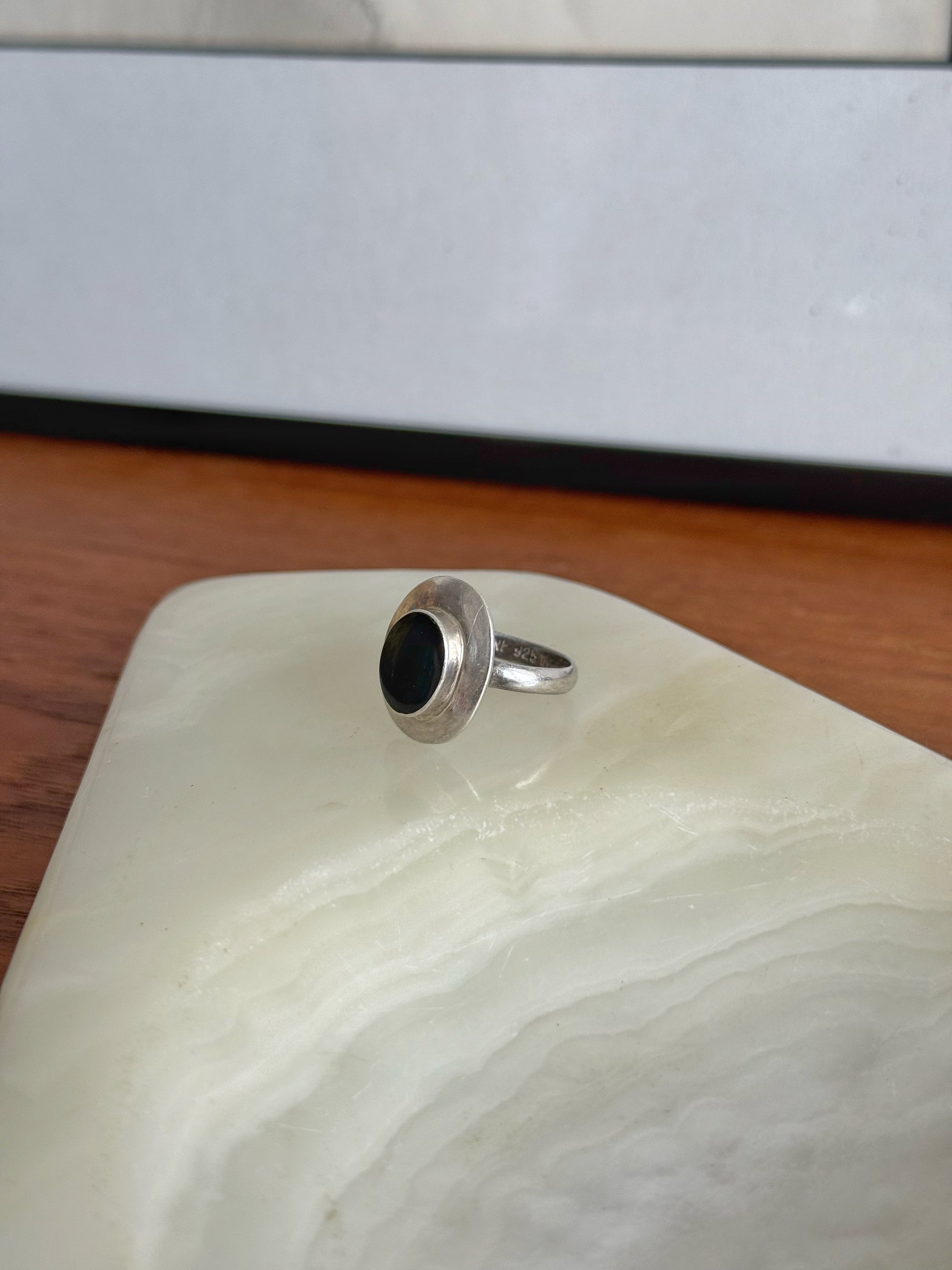 Black Onyx and Sterling Modernist Ring