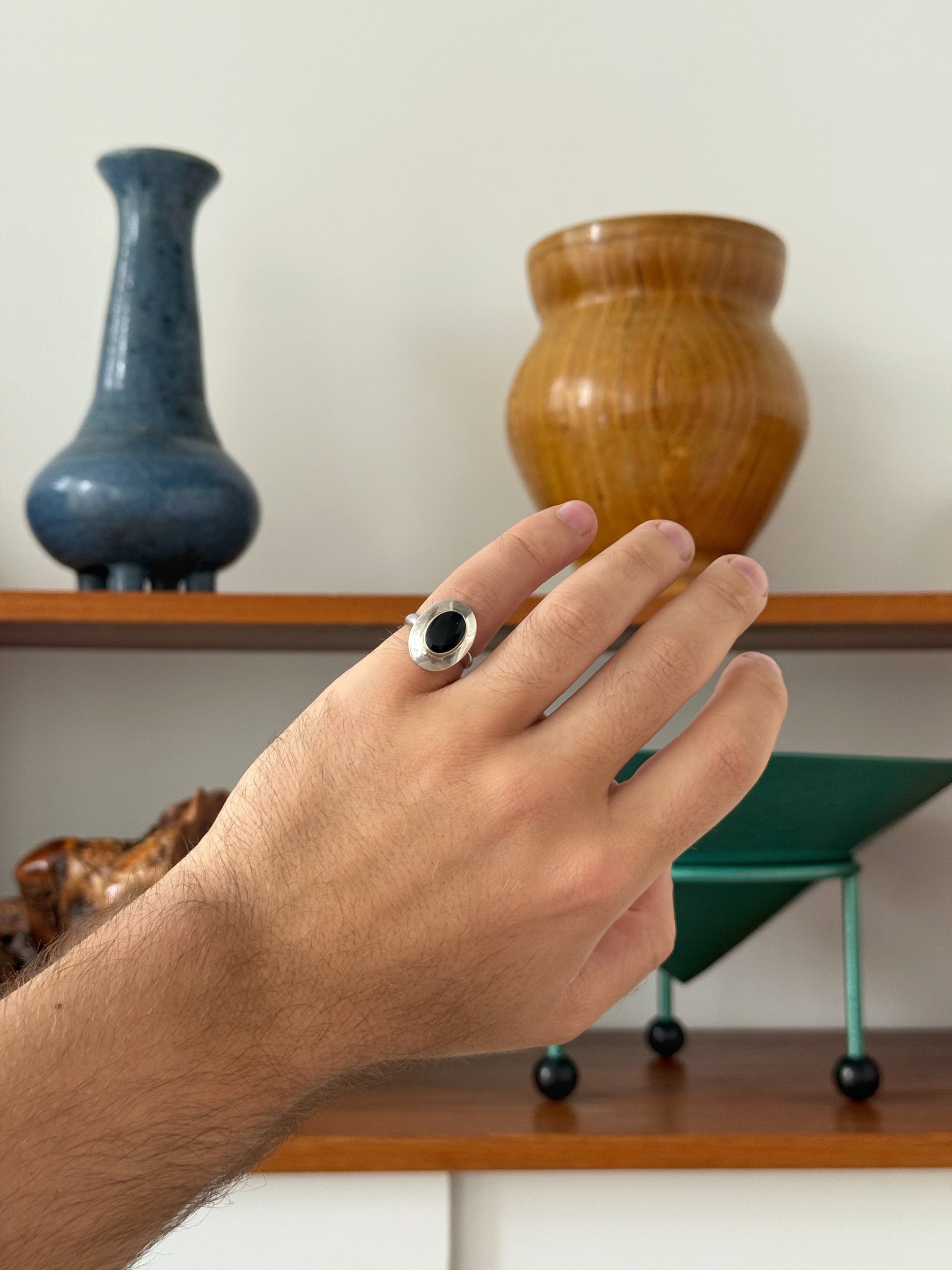 Black Onyx and Sterling Modernist Ring
